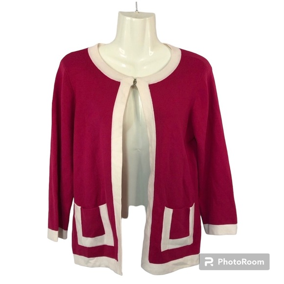 Alex Marie Sweaters - Alex Marie Women’s Cardigan Silk Blend Pockets Hot Pink White Trim Boxy Cropped